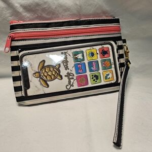 NEW SIMPLY SOUTHERN Cell Phone Wristlet Black &White Striped With Pink Zippers